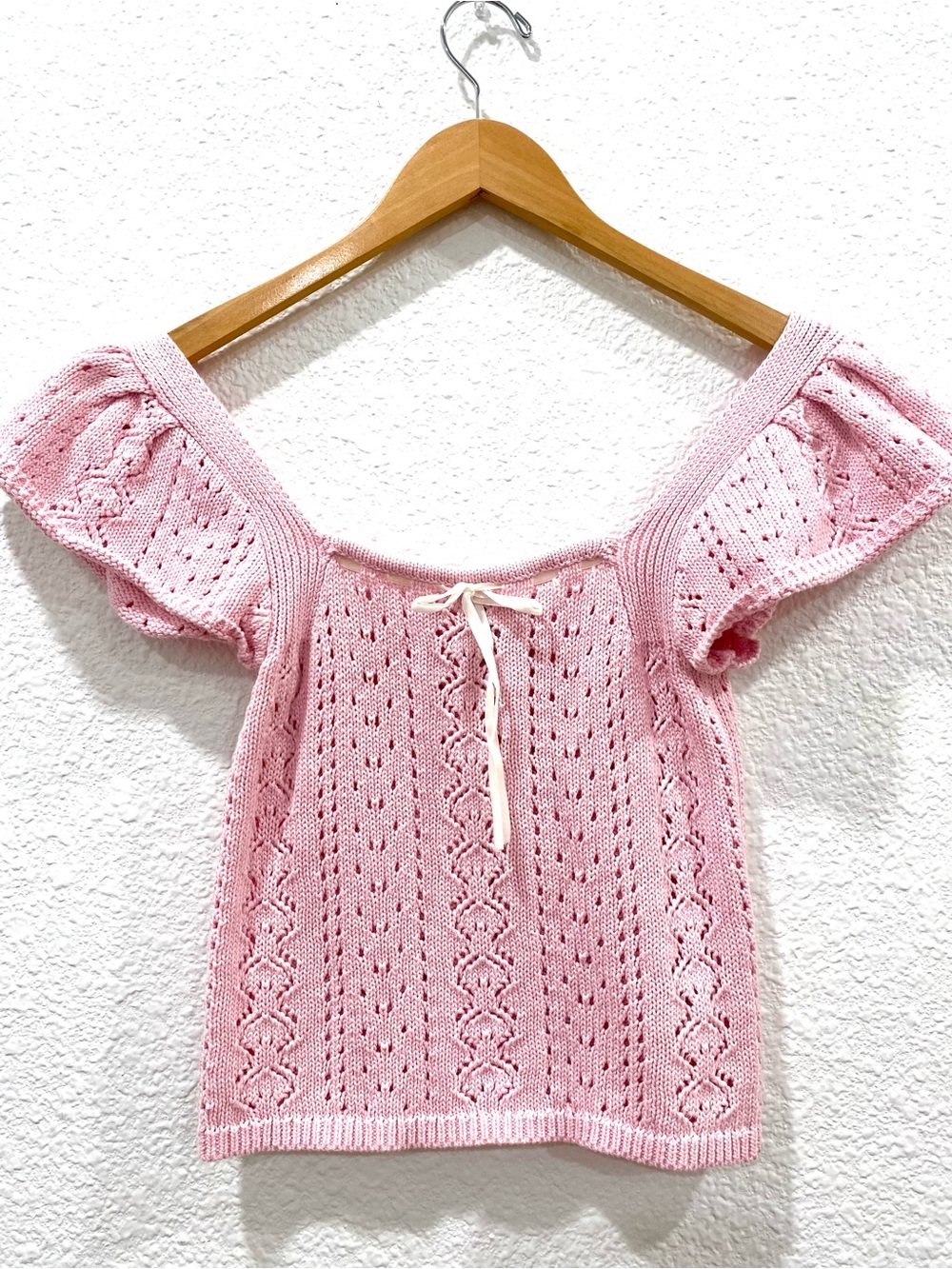 Haute Hippie XS Pink Pointelle Knit Bow Top Coquette Balletcore Cotton